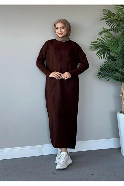 Gülce moda Φόρεμα με ραβδώσεις καφέ πλεκτό