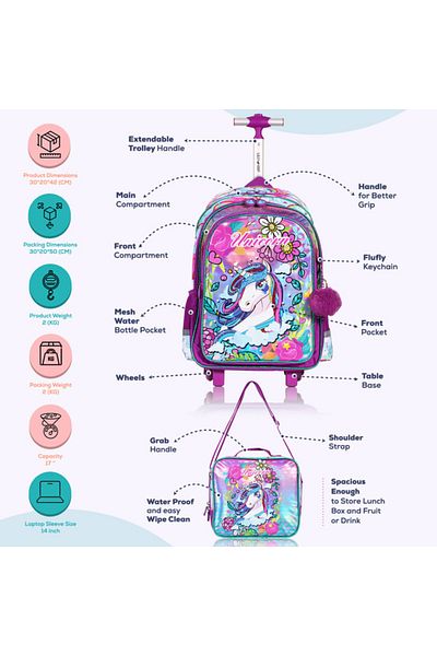 Eazy Kids مجموعة من 4 حقائب مدرسية وحقيبة غداء وحقيبة أنشطة وحافظة أقلام يونيكورن مقاس 18 بوصة للعودة إلى المدرسة - وردي