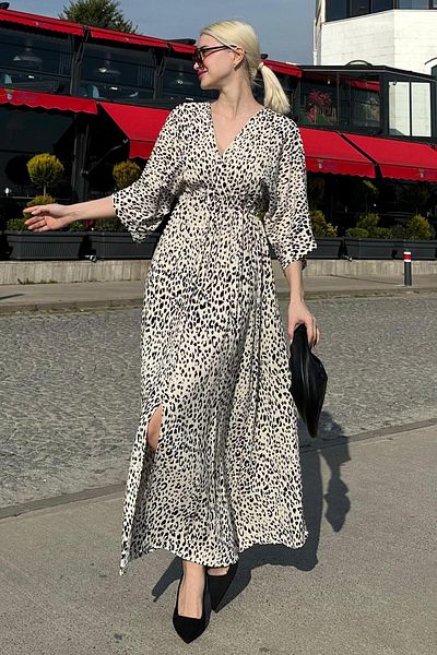 Madmext White Print Slit Detail Long Dress Mg2321