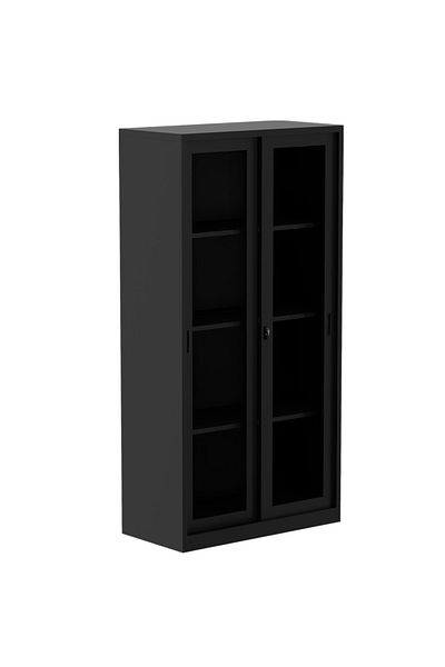 Mahmayi Godrej Glass Sliding Door Steel Bookshelf with Adjustable Shelves Steel Black Finish