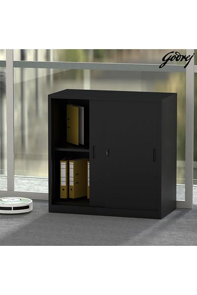 Mahmayi Godrej Low Height Sliding Door Steel Bookshelf with Shelves Steel Black