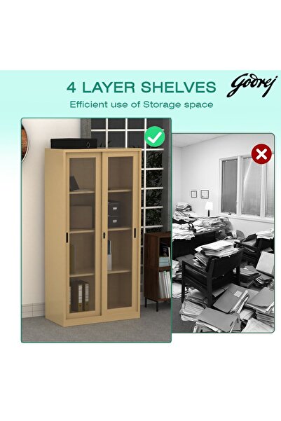 Mahmayi Godrej Glass Sliding Door Steel Bookshelf with Adjustable Shelves Steel Beige Finish