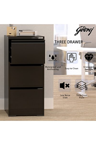 Mahmayi Godrej 3 Drawer Digital Filing Cabinet with Touch Screen Lock Steel Black