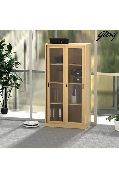 Mahmayi Godrej Glass Sliding Door Steel Bookshelf with Adjustable Shelves Steel Beige Finish