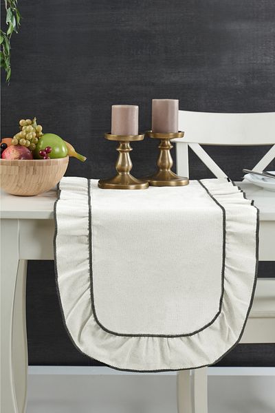 vosvera 40X110 cm Vintage Ruffle Natural Cotton Linen Runner with Ruffles and Curl Detail