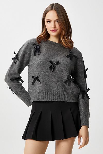 Ritnice Women's Valery Soft Texture Ribbon Bow Detailed Anthracite Knitwear Sweater
