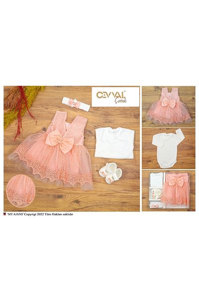 Cevval 0-6 Months Baby Girl Clothing Set - Mevlütlük Dress, Booties Bandana, Gift Box Included