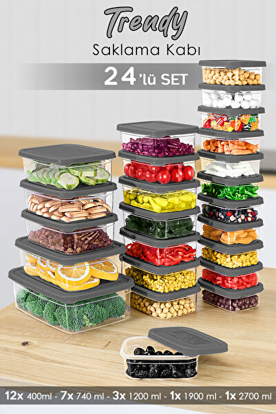 Meleni Home 24'lü Dikdörtgen Erzak Saklama Kabı Seti - Mikrodalgaya Uygun Düz...