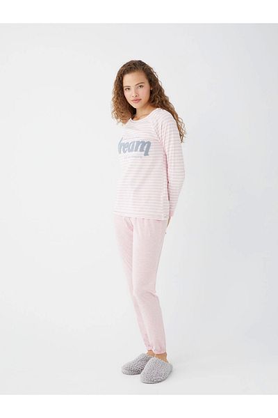 LC Waikiki Σετ γυναικείες πιτζάμες Lcw Dream Pink Crew με κέντημα μακρυμάνικο