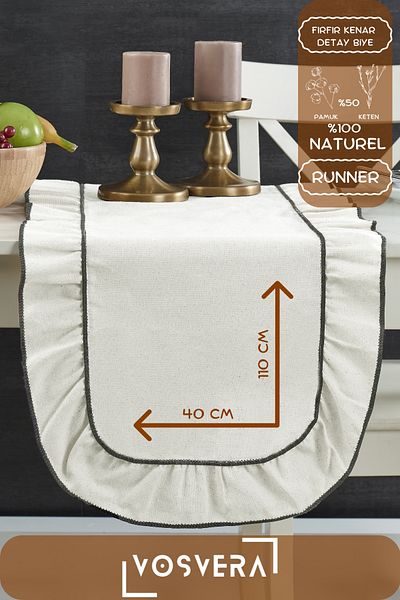 vosvera 40X110 cm Vintage Ruffle Natural Cotton Linen Runner with Ruffles and Curl Detail