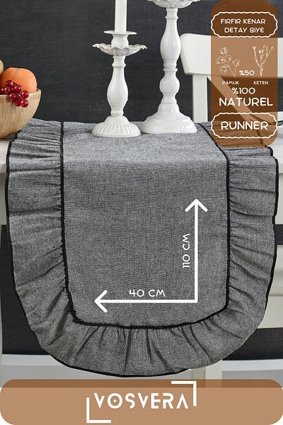 vosvera 40X110 cm Vintage Ruffle Natural Cotton Linen Runner with Ruffles and Curl Detail