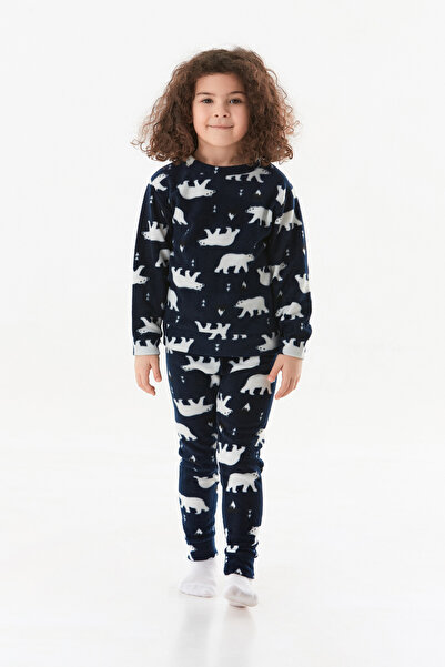 Fulla Moda Kutup Ayısı Desenli Bisiklet Yaka Polar Kız Çocuk Pijama Takımı
