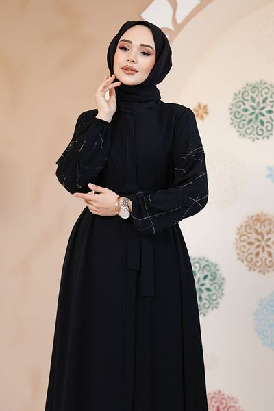 Neva Style Abaya hijab neagră cu mâneci decorate 61366S