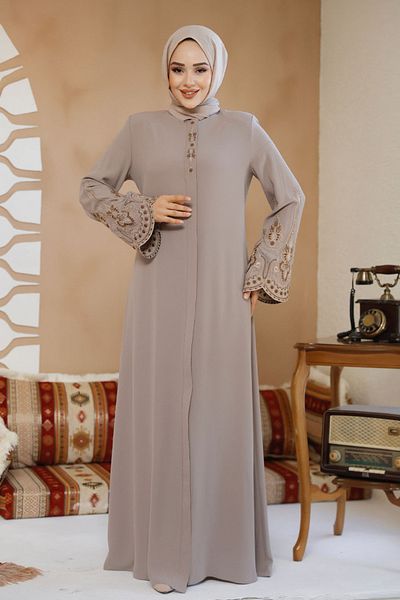 Neva Style Beige Hijab Abaya - Embroidery Pattern, Model 98221Beige