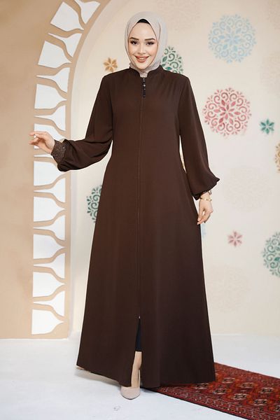 Neva Style Brown Zippered Hijab Abaya - 35168Kh