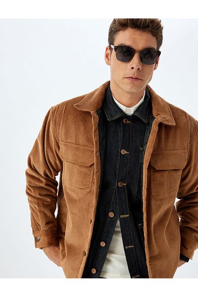 Koton Βαμβακερό μπουφάν Slim Fit - Κοτλέ με γιακά πουκάμισου και λεπτομέρεια τσέπης με πτερύγιο