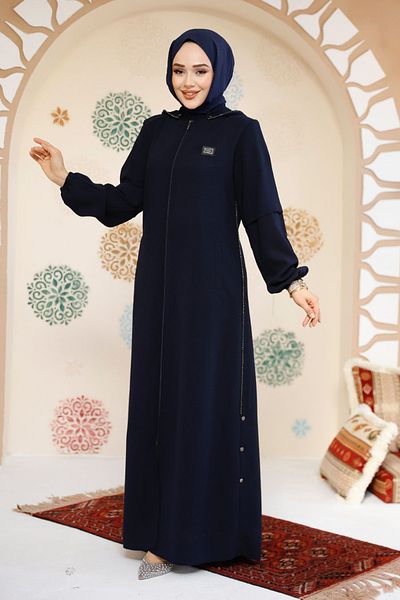 Neva Style Navy Blue Zippered Hijab Abaya - 61362L