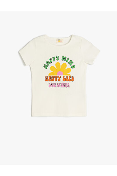 Koton Crew Neck Short Sleeve Print Detailed Cotton Crop T-Shirt