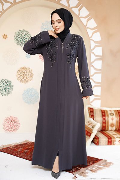 Neva Style Bead Embroidered Smoked Hijab Abaya 29107Fu