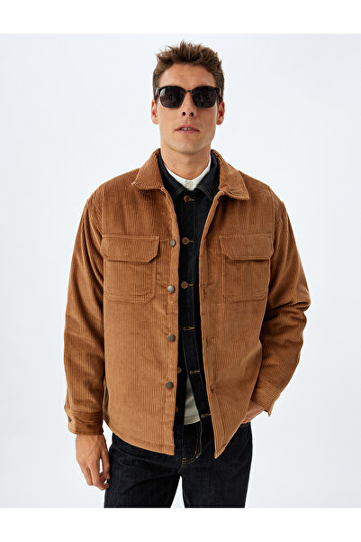 Koton Βαμβακερό μπουφάν Slim Fit - Κοτλέ με γιακά πουκάμισου και λεπτομέρεια τσέπης με πτερύγιο