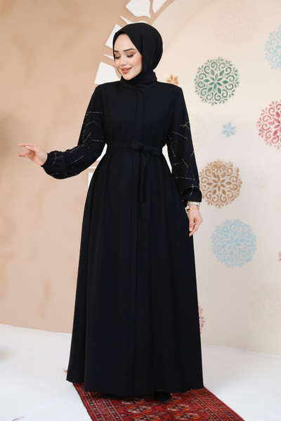 Neva Style Kolları Desenli Siyah Tesettür Abaya 61366S