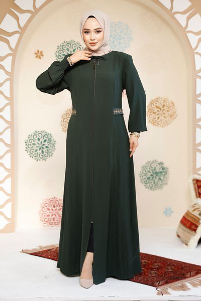 Neva Style Dark Khaki Zippered Hijab Abaya - 8104Khk