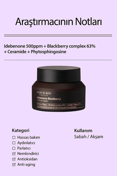 Mary & May Blackberry Idebenone - Antioxidant and Anti-Aging Moisturizing Intensive Cream 70 gr
