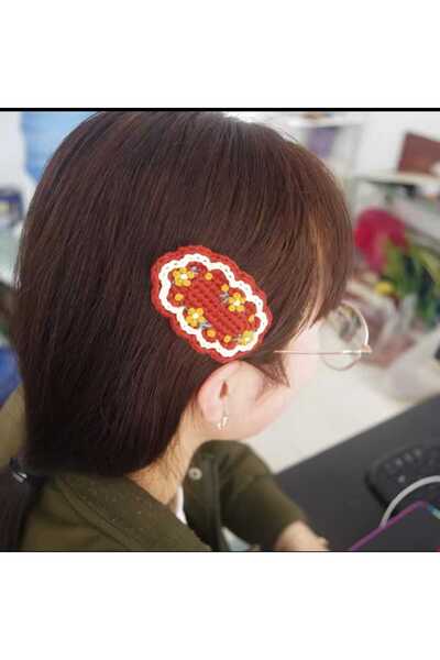 Kadın Girişimciler Atölyesi Floral Embroidered Mother & Daughter Niche Organic Handmade 6-Piece Snap Buckle Hair Accessory Suitable for All Ages