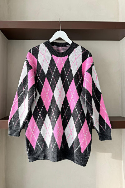 MODAQU yumuşak Dokulu Ekose Desenli Kazak - Pembe