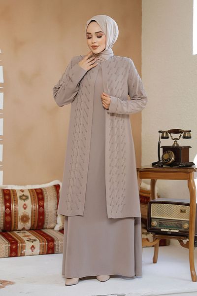 Neva Style Bead Embroidered Beige Hijab Abaya 29120Beige