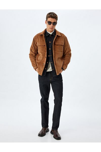 Koton Βαμβακερό μπουφάν Slim Fit - Κοτλέ με γιακά πουκάμισου και λεπτομέρεια τσέπης με πτερύγιο