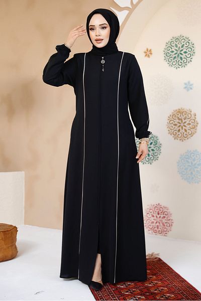 Neva Style Stripe Detailed Black Hijab Abaya 8148S