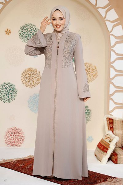 Neva Style Beige Hijab Abaya - Bead Detail, Model 17007Beige