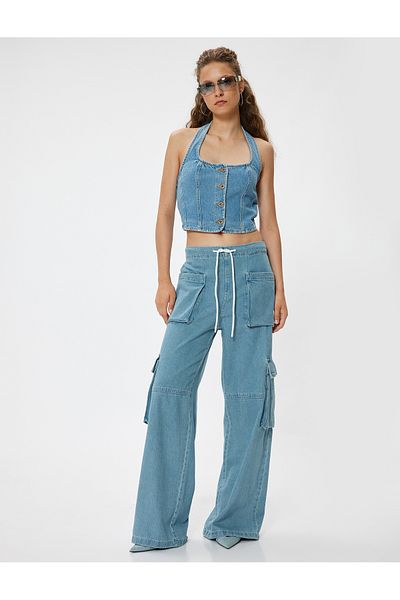Koton Cargo Cutout - Loose Straight Fit Jeans with Rubber Waist and Pocket Detail