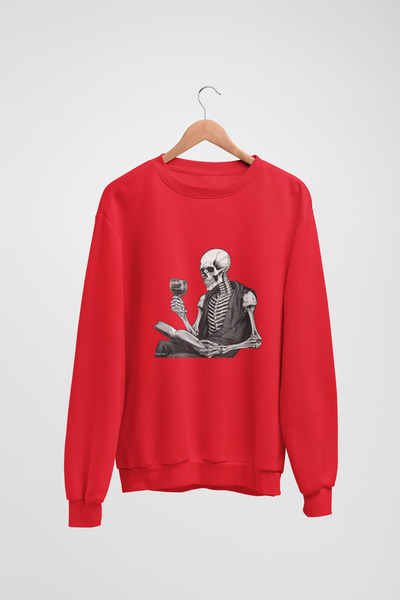 Butik Unisex Long Sleeve 2 Thread Book Reading Skeleton Transfer Printed Crew Neck Sweatshirt