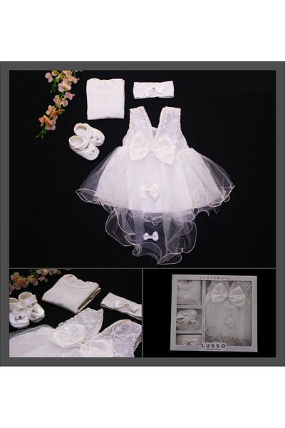 Cevval 0-6 Months Baby Girl Clothing Set - Mevlütlük Dress, Booties Bandana, Gift Box Included
