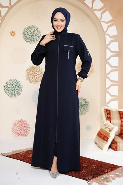 Neva Style Zippered Navy Blue Hijab Abaya 61361L
