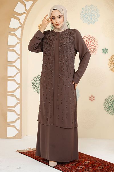 Neva Style Bead Embroidered Brown Hijab Abaya 29119Kh