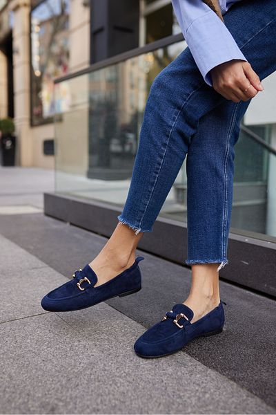 ANGELİNA JONES Picoli Women's Dark Blue Real Suede Buckle Loafer Shoes
