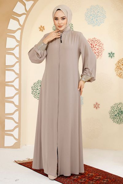 Neva Style Beige Hijab Abaya - Zippered, Model 35168Bej
