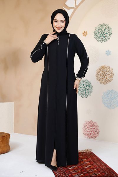 Neva Style Stripe Detailed Black Hijab Abaya 8148S
