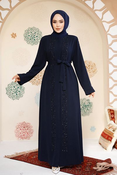 Neva Style Bead Embroidered Navy Blue Hijab Abaya 29118L