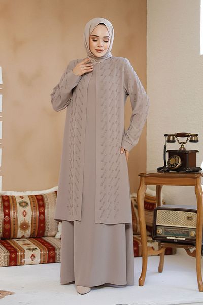 Neva Style Bead Embroidered Beige Hijab Abaya 29120Beige