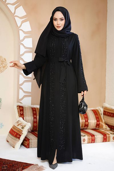 Neva Style Bead Embroidered Black Hijab Abaya 29118S