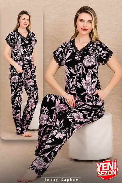 Jenny Daphne Set de pijamale cu mânecă scurtă pentru damă, cu nasturi, cu mâneci și decolteu din dantelă 12495