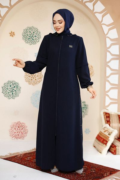 Neva Style Navy Blue Zippered Hijab Abaya - 61362L
