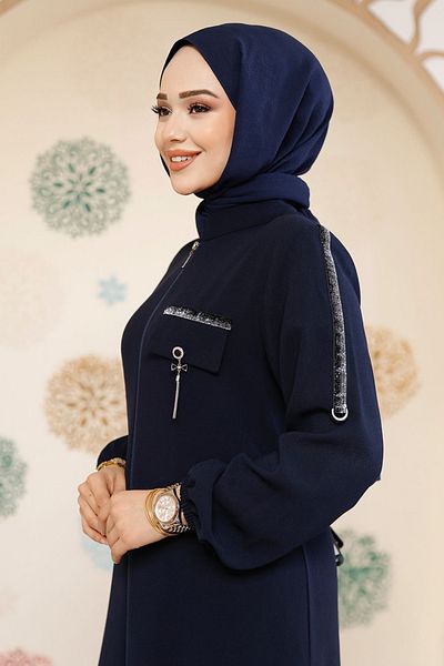 Neva Style Zippered Navy Blue Hijab Abaya 61361L