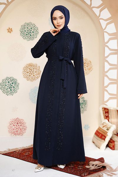 Neva Style Bead Embroidered Navy Blue Hijab Abaya 29118L