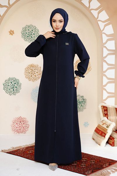 Neva Style Navy Blue Zippered Hijab Abaya - 61362L