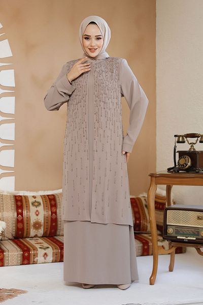 Neva Style Bead Embroidered Beige Hijab Abaya 29119Beige